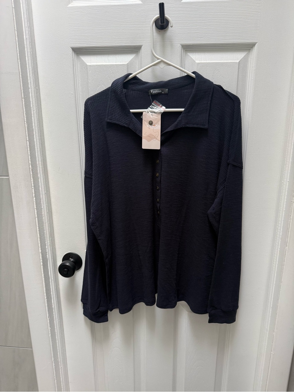 Waffle Knit Henley Top - Navy